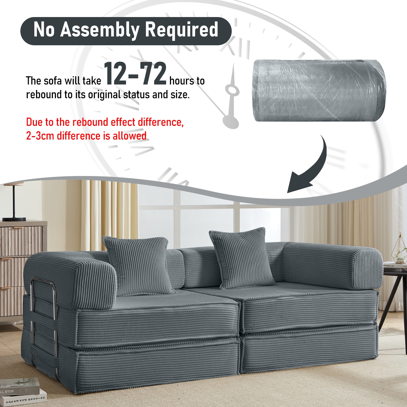 Convertible Sleeper Sofa Bed Grey Modular Corduroy Couch 2 Pillows_voghion.com